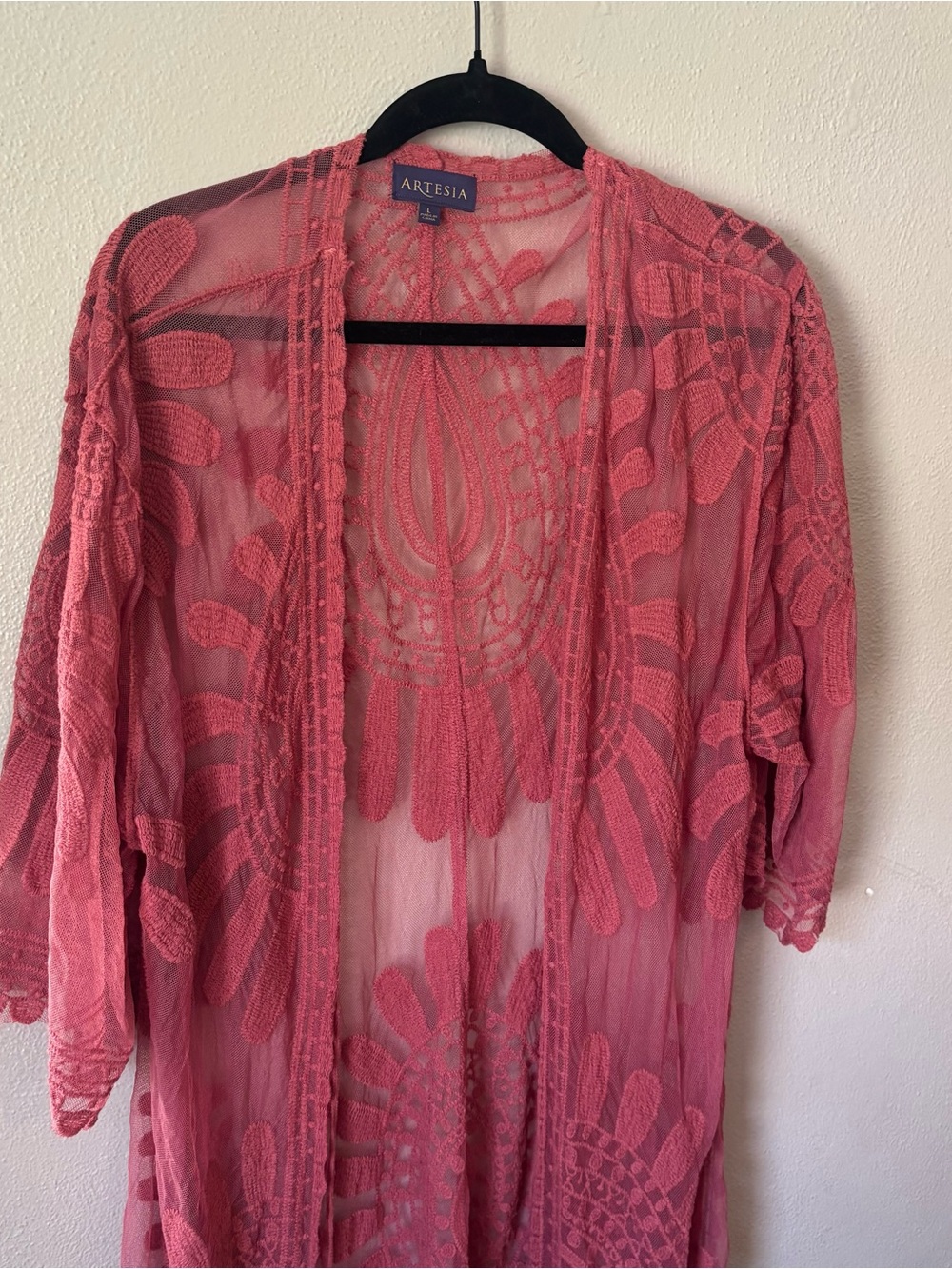 Artesia Pink Embroidered Mesh Long Duster Kimono Size L
